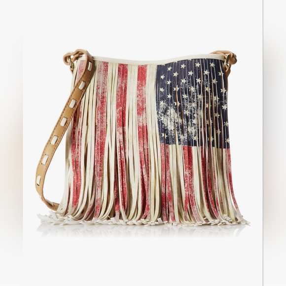 Steve Madden Blfringe Cross Body Bag Leather Fringe Purse Handbag American Flag